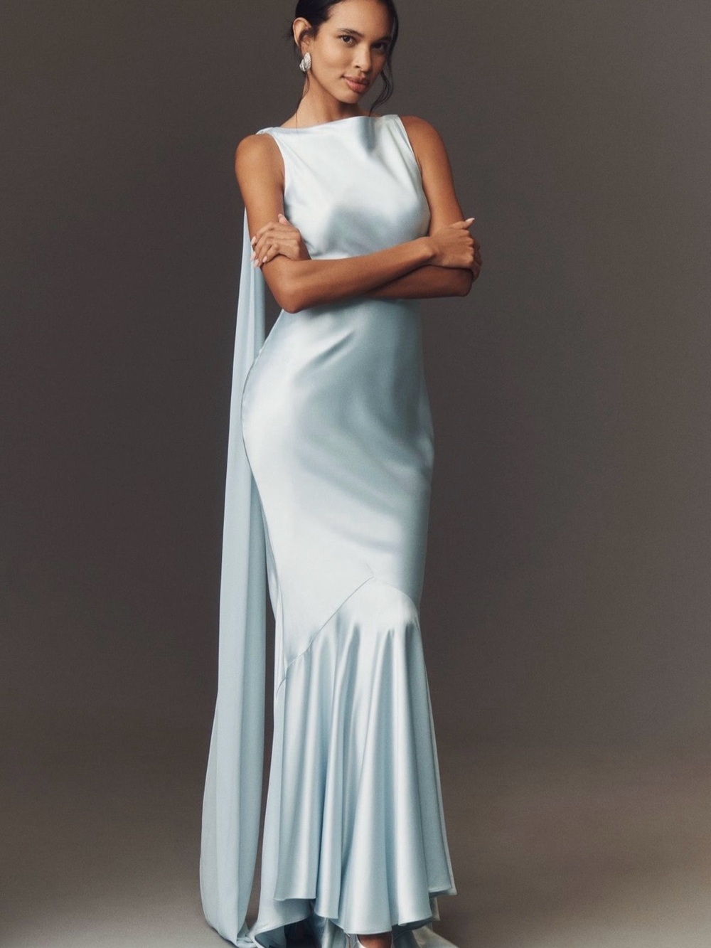 Retrofete Julia Boat-Neck Open-Back Cape Satin Maxi Dress